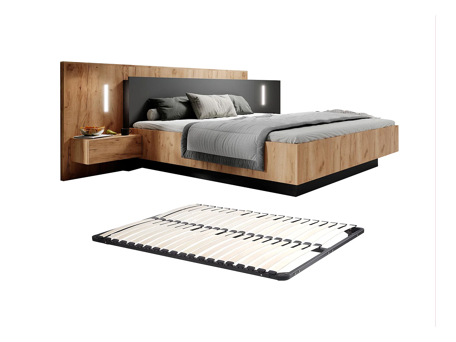 Lit avec chevets 160 x 200 cm - 2 tiroirs - Avec LEDs - Coloris : Naturel et anthracite + Sommier - FRANCOLI