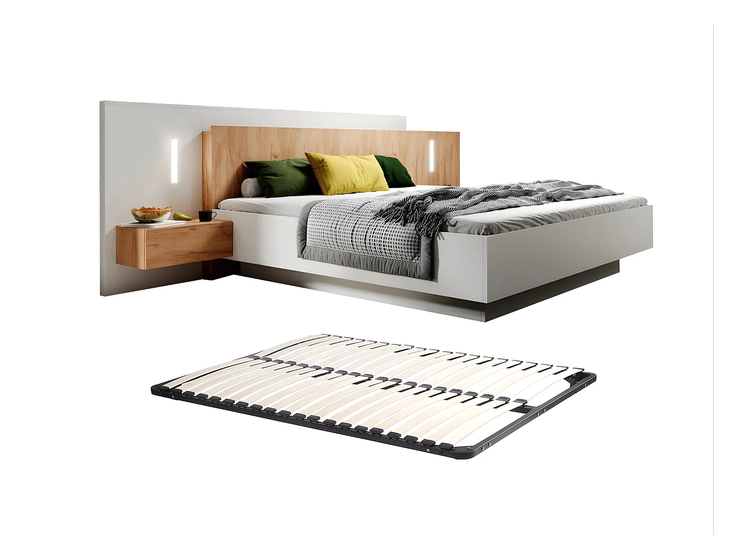 Bett mit integrierten Nachttischen - 160 x 200 cm - 2 Schubladen + LEDs + Lattenrost - Weiß & Naturfarben - FRANCOLI