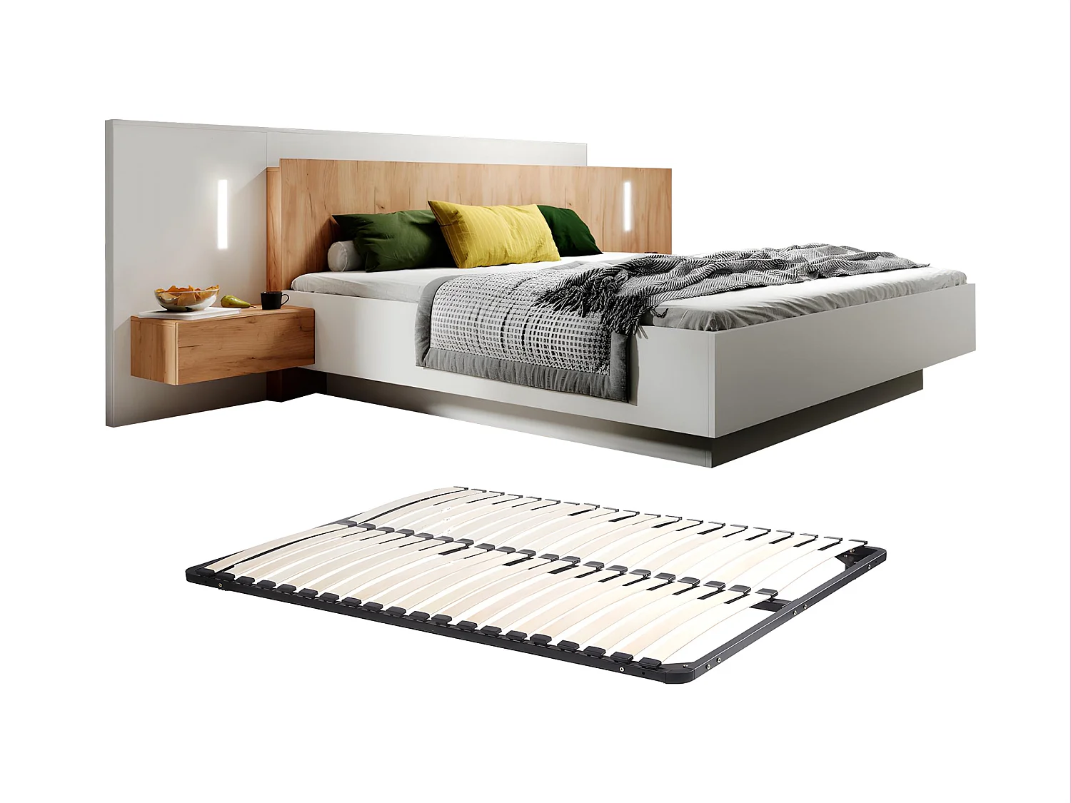 Letto con comodini 160 x 200 cm 2 cassetti Con LED Bianco e Naturale + Rete - FRANCOLI