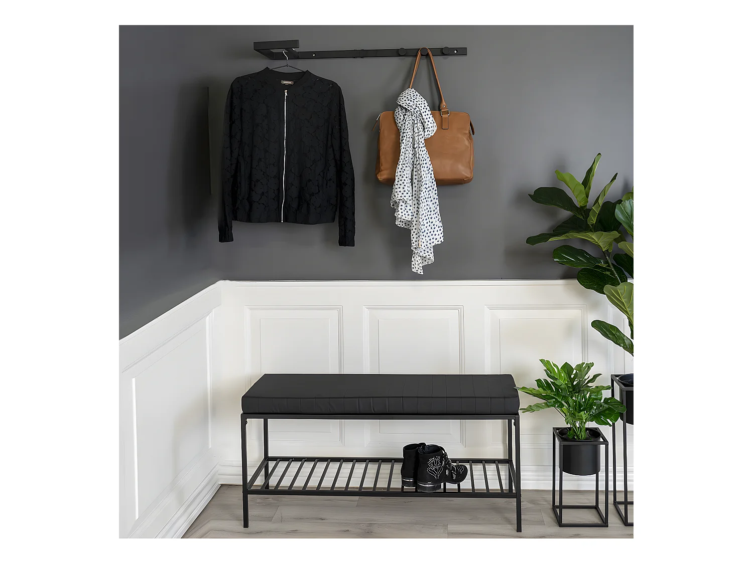 BLORF - Portant Mural Métal Noir avec Penderie et Patères