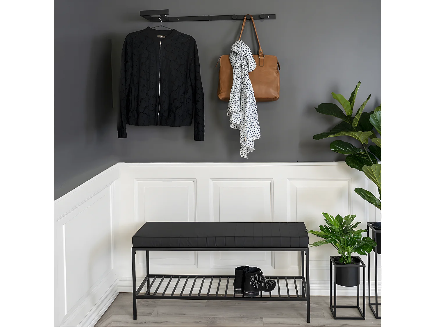 BLORF - Portant Mural Métal Noir avec Penderie et Patères