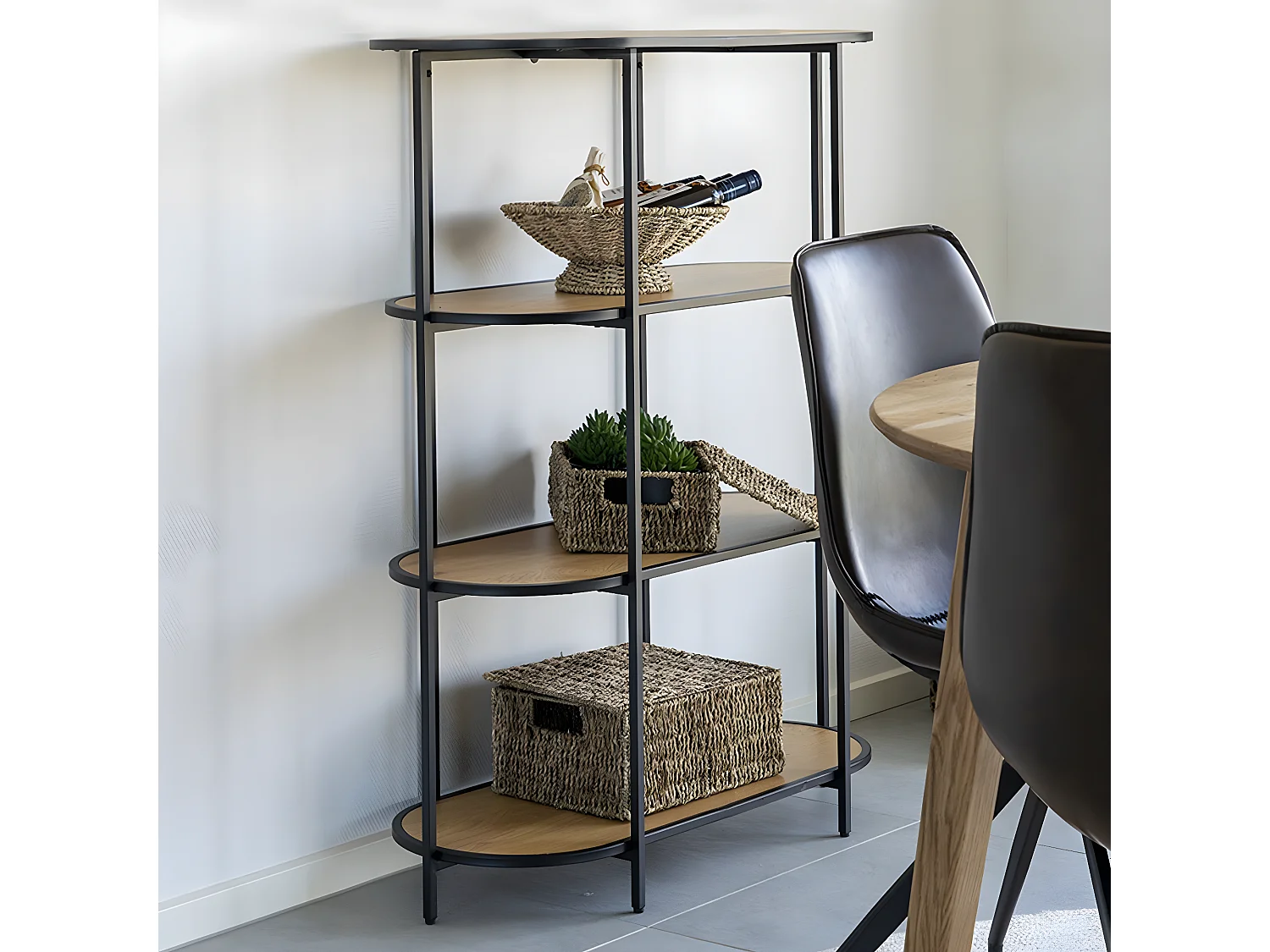 VOLLRAD - Etagère Ovale Acier Noir et Bois Naturel