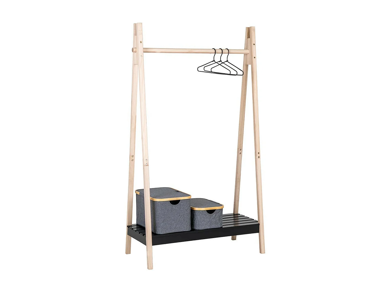 SCHEW - Portant Vêtements en Bois avec Tringle et Etagère Noire