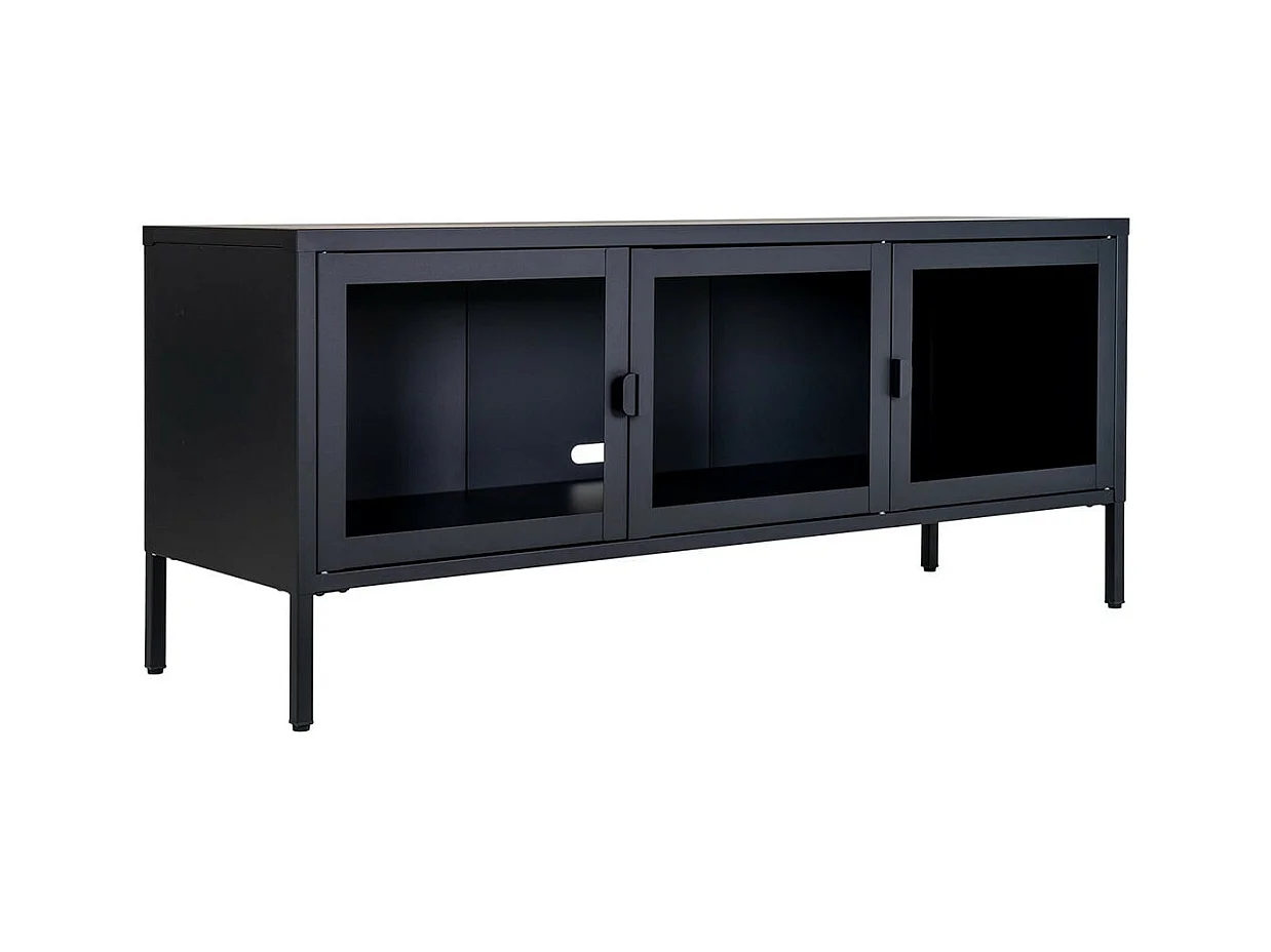 HENDRA - Meuble TV 3 Portes Verre et Acier Noir