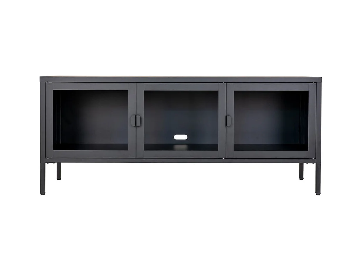 HENDRA - Meuble TV 3 Portes Verre et Acier Noir
