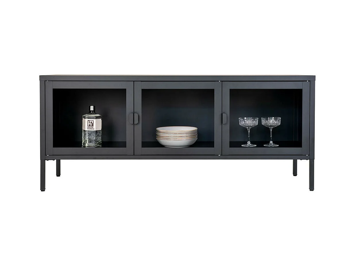 HENDRA - Meuble TV 3 Portes Verre et Acier Noir