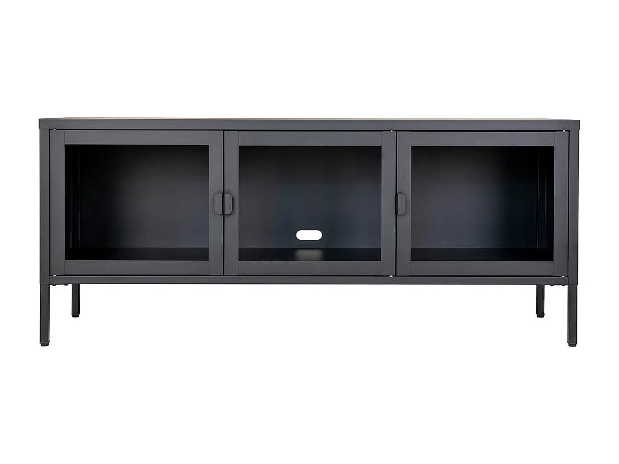 HENDRA - Meuble TV 3 Portes Verre et Acier Noir