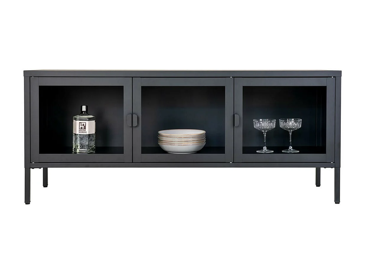HENDRA - Meuble TV 3 Portes Verre et Acier Noir