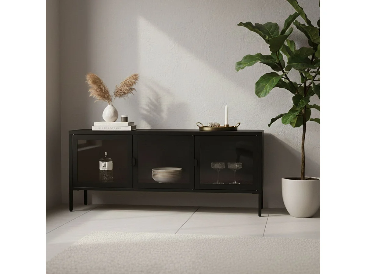 HENDRA - Meuble TV 3 Portes Verre et Acier Noir