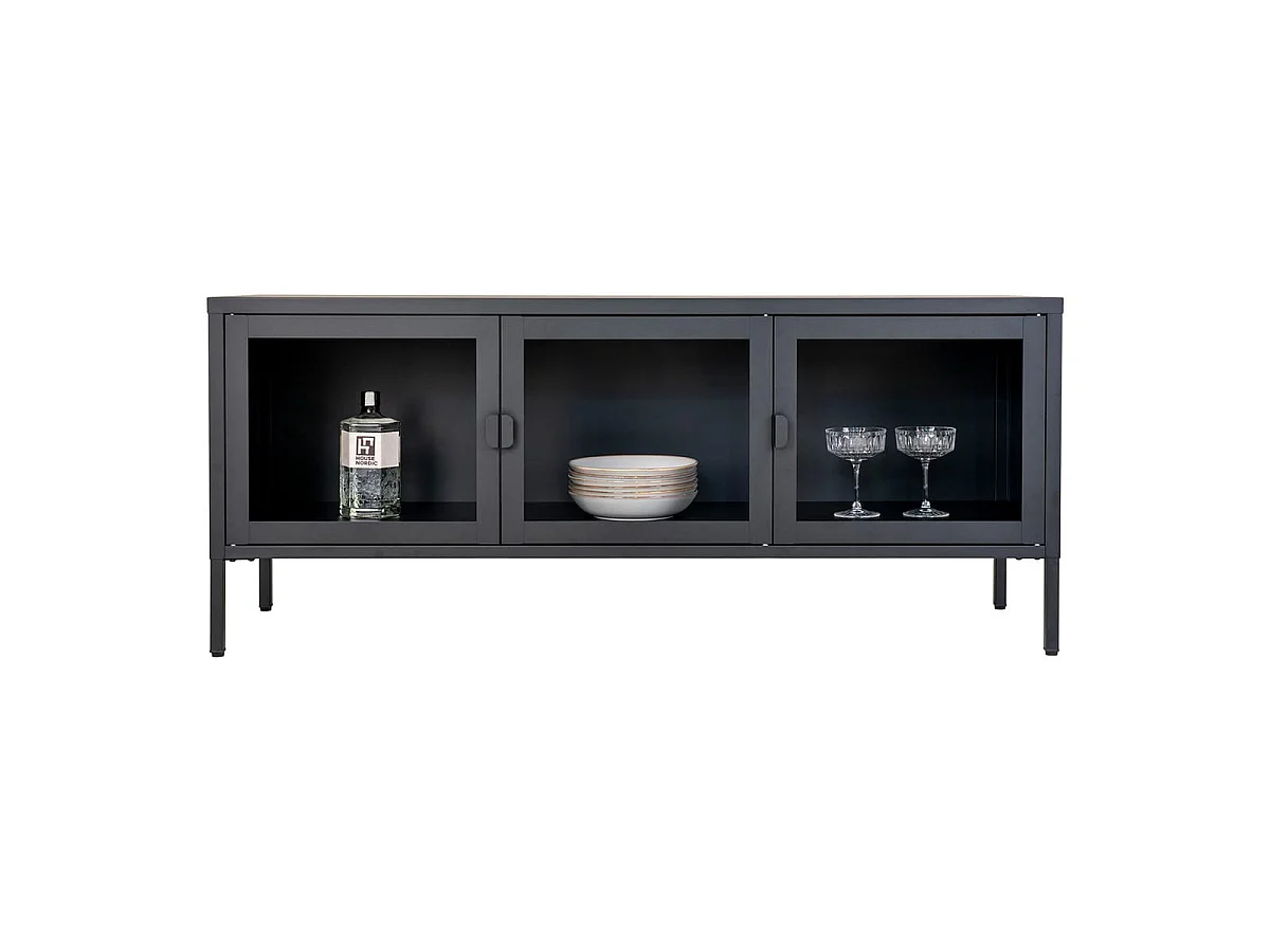 HENDRA - Meuble TV 3 Portes Verre et Acier Noir