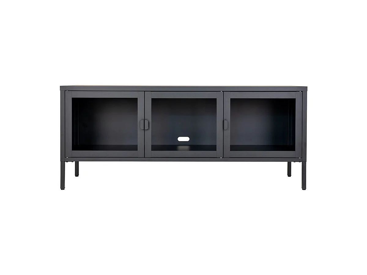 HENDRA - Meuble TV 3 Portes Verre et Acier Noir