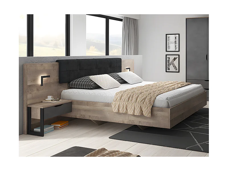 Bett mit Nachttischen + Lattenrost - 160 x 200 cm - Mit LED-Beleuchtung - Holzfarben & Anthrazit - LAONILE