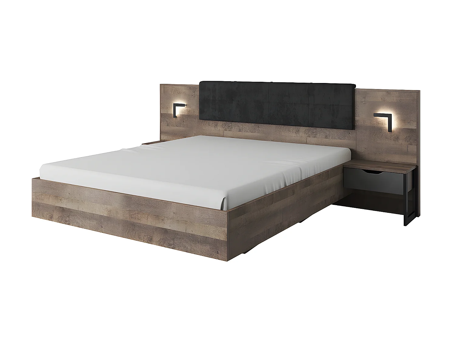 Lit avec chevets 160 x 200 cm - Avec LEDs - Coloris : Naturel et anthracite + Sommier - LAONILE