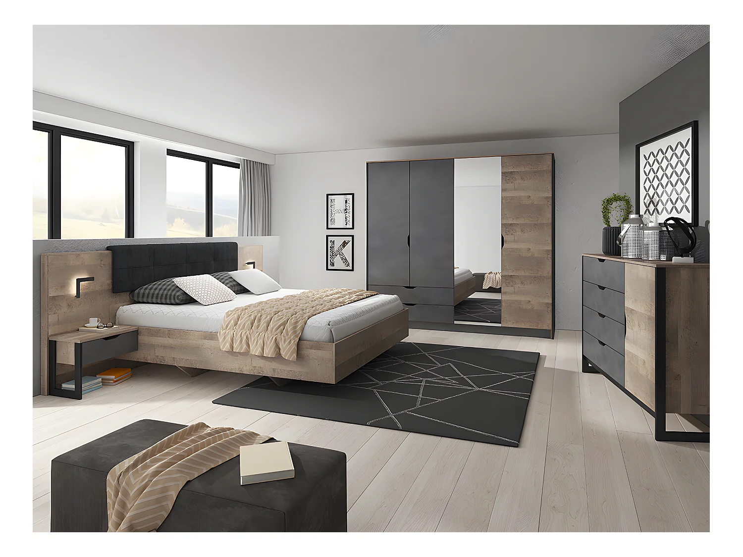 Lit avec chevets 160 x 200 cm - Avec LEDs - Coloris : Naturel et anthracite + Sommier - LAONILE