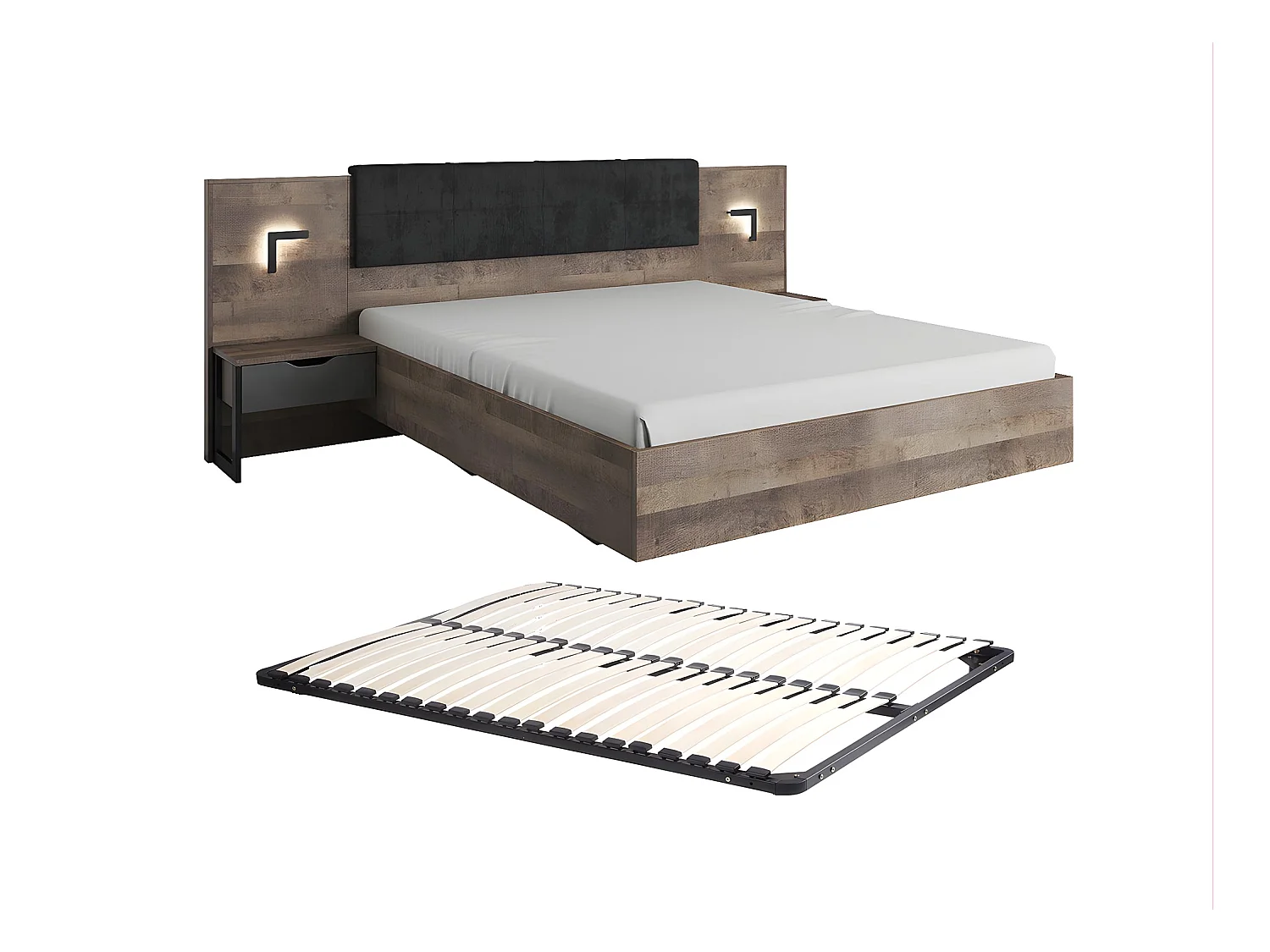 Lit avec chevets 160 x 200 cm - Avec LEDs - Coloris : Naturel et anthracite + Sommier - LAONILE