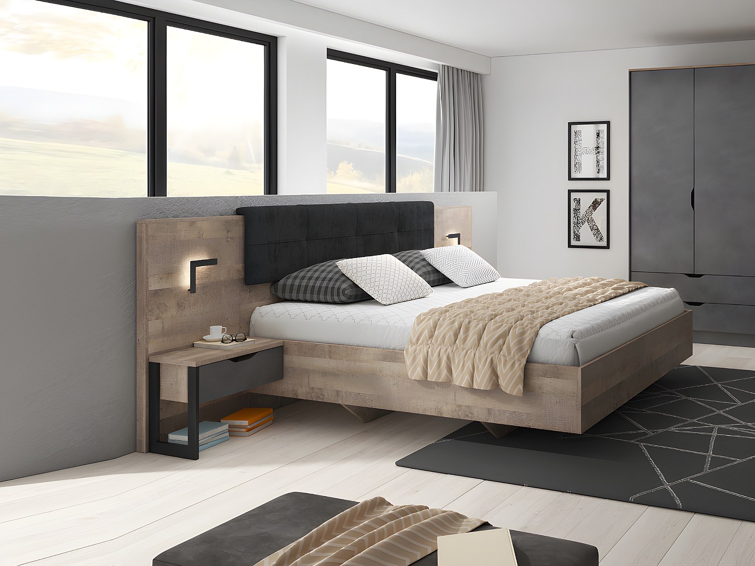Vente-unique Bett Mit Nachttischen + Lattenrost - 160 X 200 Cm - Mit Led-Beleuchtung - Holzfarben & Anthrazit - Laonile