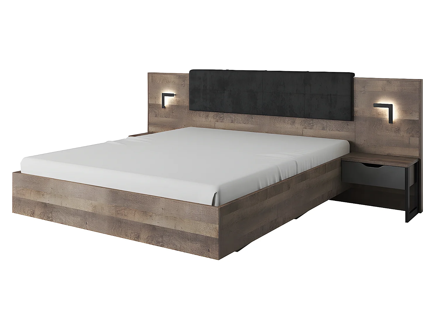 Lit avec chevets 160 x 200 cm - Avec LEDs - Coloris : Naturel et anthracite + Sommier - LAONILE