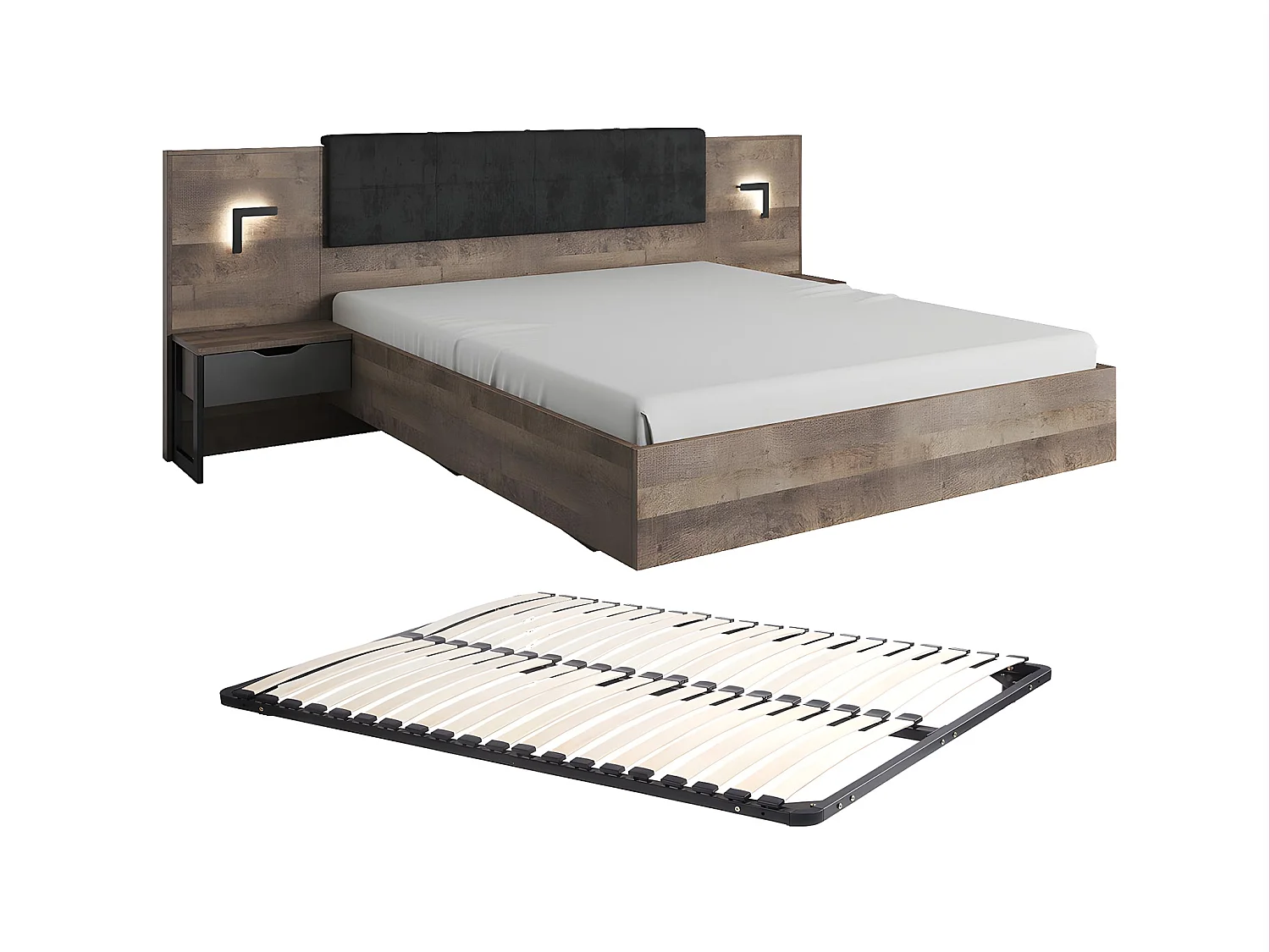 Lit avec chevets 160 x 200 cm - Avec LEDs - Coloris : Naturel et anthracite + Sommier - LAONILE