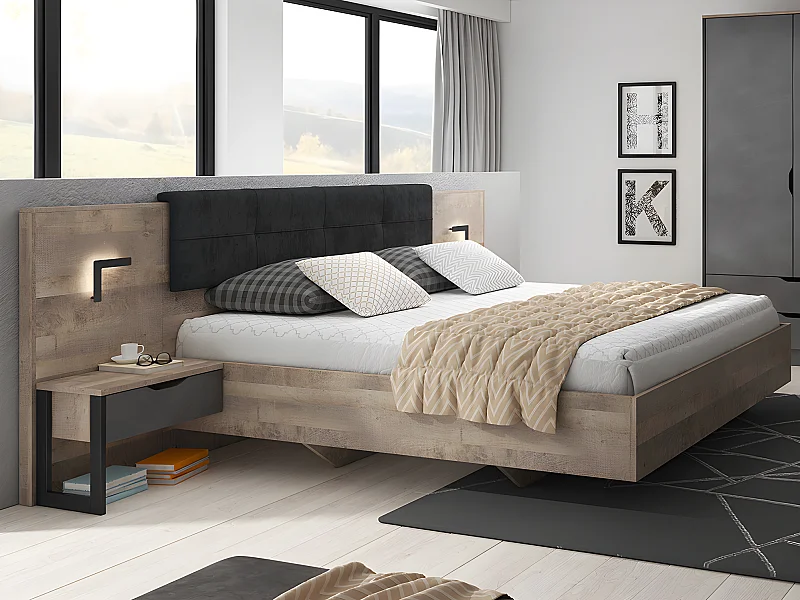 Lit avec chevets 160 x 200 cm - Avec LEDs - Coloris : Naturel et anthracite + Sommier - LAONILE