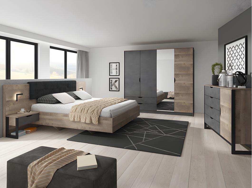 Lit avec chevets 160 x 200 cm - Avec LEDs - Coloris : Naturel et anthracite + Sommier - LAONILE