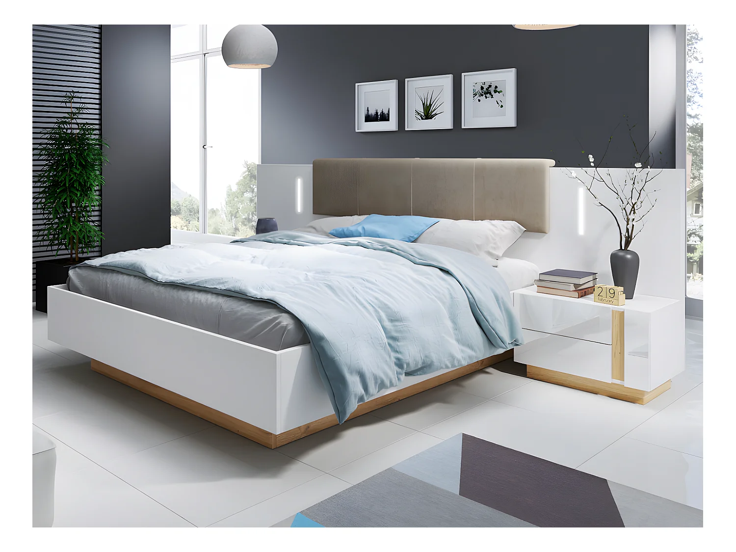 Lit avec chevets 160 x 200 cm - Avec LEDs - Blanc et naturel + Sommier - MURARI