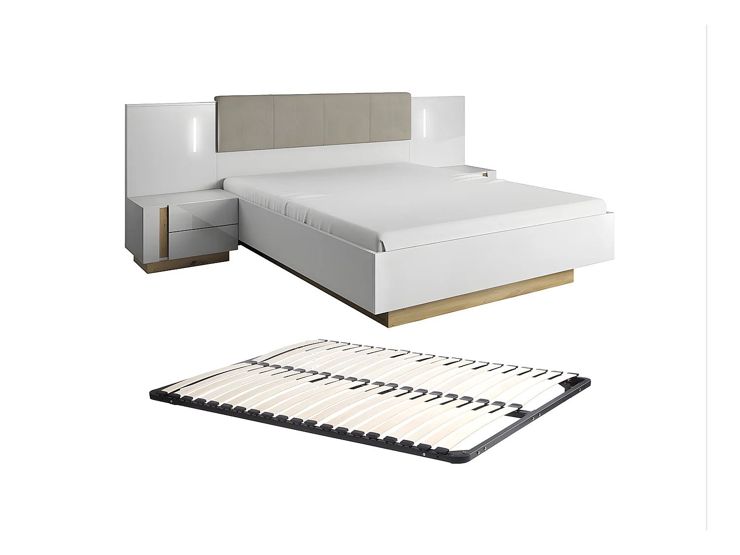 Lit avec chevets 160 x 200 cm - Avec LEDs - Blanc et naturel + Sommier - MURARI