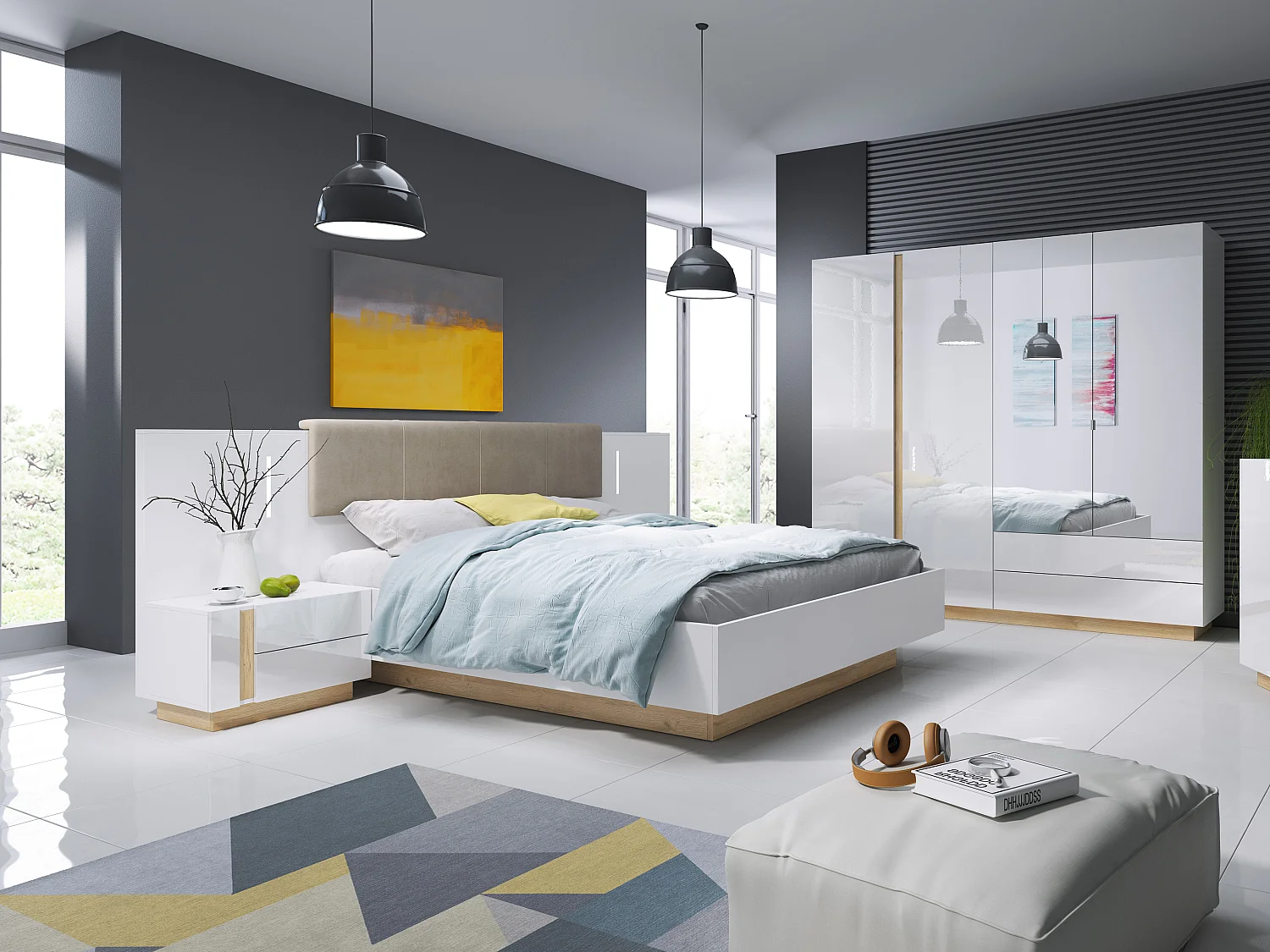 Lit avec chevets 160 x 200 cm - Avec LEDs - Blanc et naturel + Sommier - MURARI