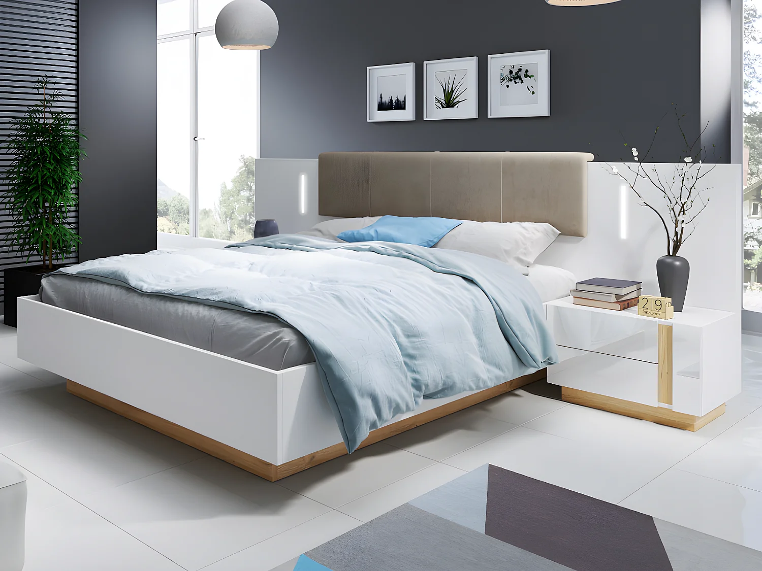 Lit avec chevets 160 x 200 cm - Avec LEDs - Blanc et naturel + Sommier - MURARI