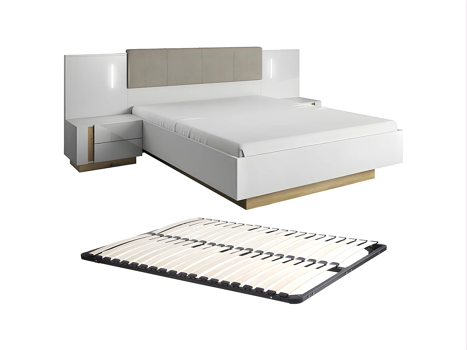 Lit avec chevets 160 x 200 cm - Avec LEDs - Blanc et naturel + Sommier - MURARI