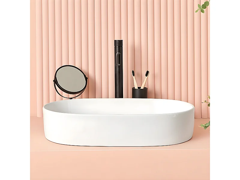 Lavabo blanco mate sobre encimera cerámico TRAPANI 60 x 38 cm Blanco brillante