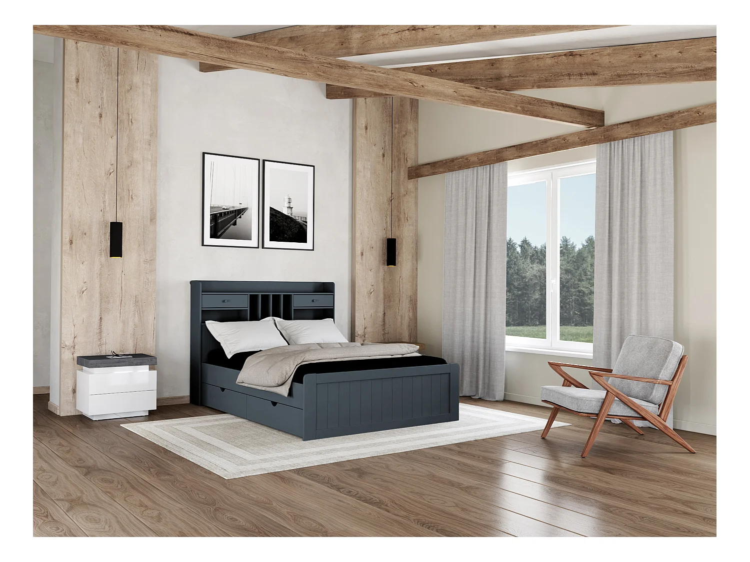 Lit avec rangements 140 x 190 cm - Pin - Gris anthracite + Sommier - MEDERICK