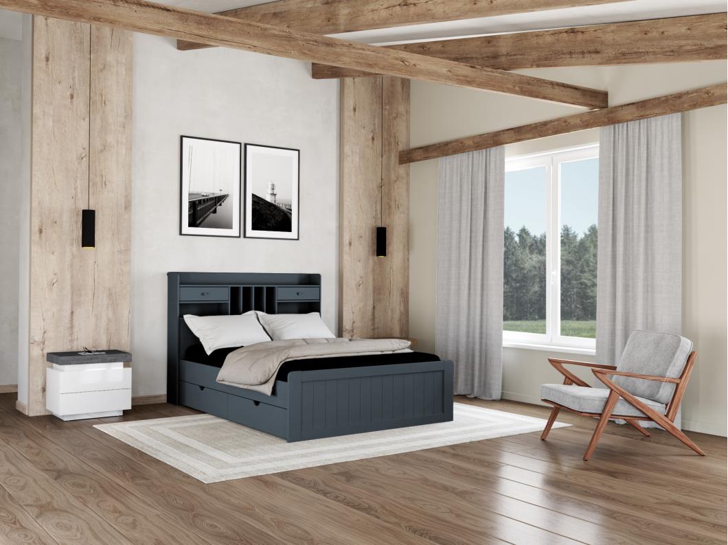 Lit avec rangements 140 x 190 cm - Pin - Gris anthracite + Sommier - MEDERICK