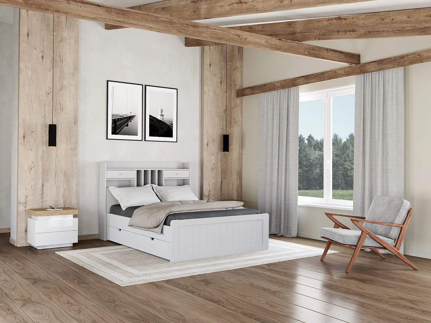 Lit avec rangements 140 x 190 cm - Pin - Blanc + Sommier - MEDERICK