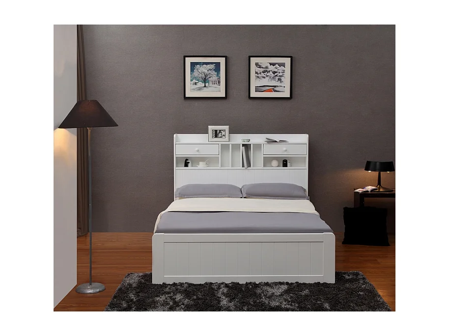 Bed met opbergruimte - 140 x 190 cm - Dennenhout - Wit + Bedbodem - MEDERICK