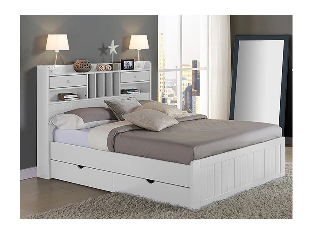 Bed met opbergruimte - 140 x 190 cm - Dennenhout - Wit + Bedbodem - MEDERICK