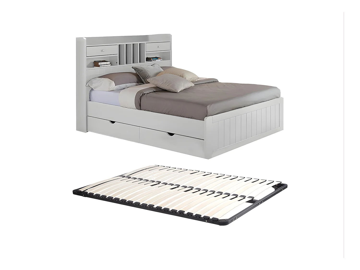 Bed met opbergruimte - 140 x 190 cm - Dennenhout - Wit + Bedbodem - MEDERICK