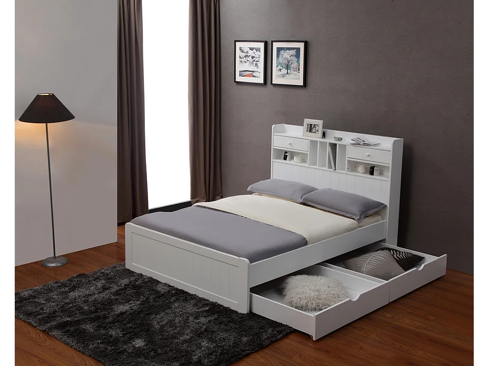 Cama com espaços de arrumação 140 x 190 cm pinho branco + sommier - MEDERICK
