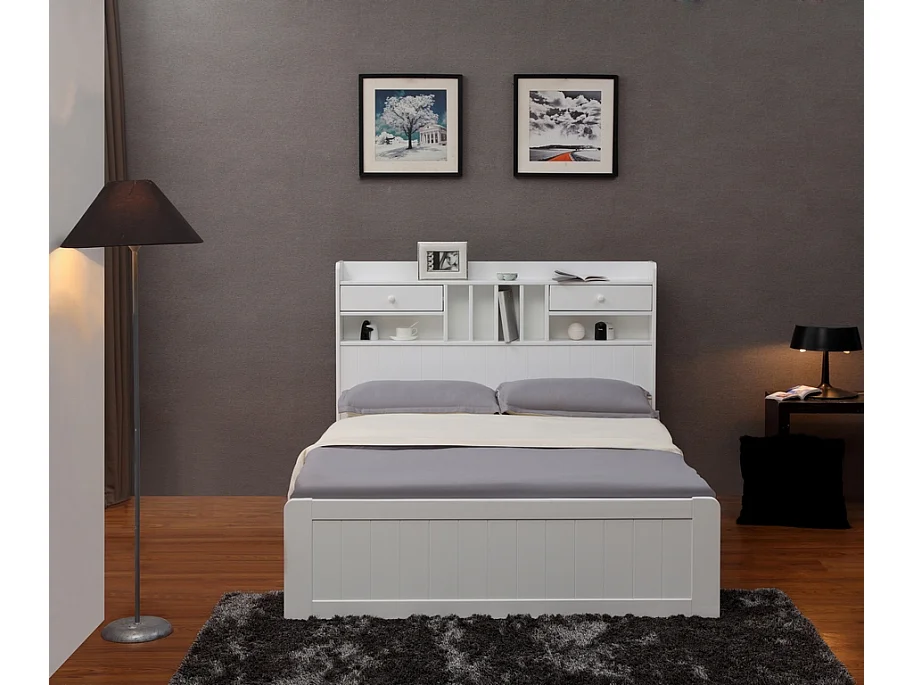 Cama com espaços de arrumação 140 x 190 cm pinho branco + sommier - MEDERICK