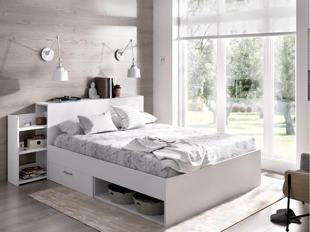 Letto con testata vani portaoggetti e cassetti 140 x 190 cm Bianco + Rete - FLORIAN