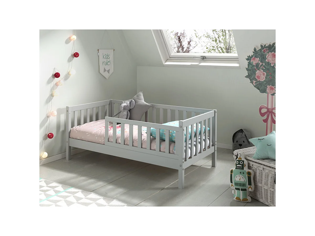 Łóżko Dziecięce Toddler II 70x140 cm Szare z Litego Drewna z Wbudowanym Stelażem - Styl Skandynawski, Produkcja Europejska