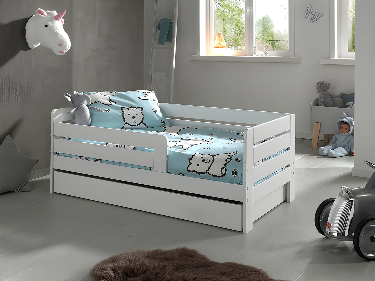 Cama Vipack Ted 70X140 com Estrado de Molas e Gaveta Branco PETITS-MEUBLES