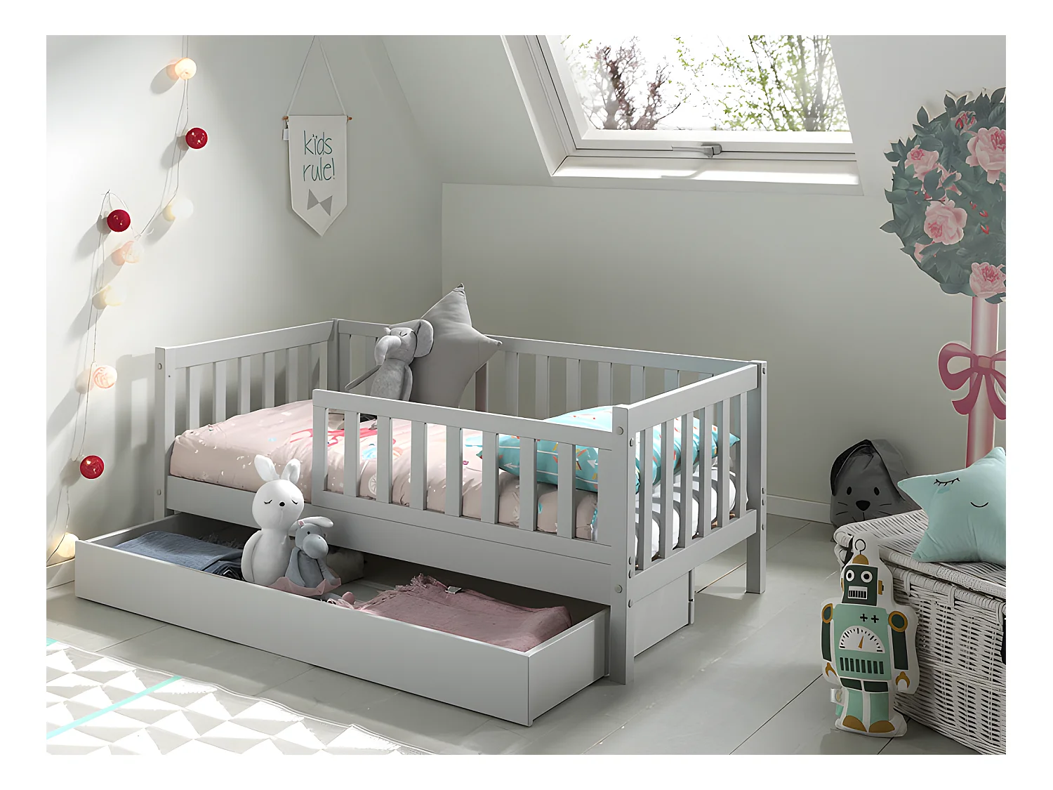 Cama Vipack Tod 70x140 incluindo estrado e gaveta - Cinzento