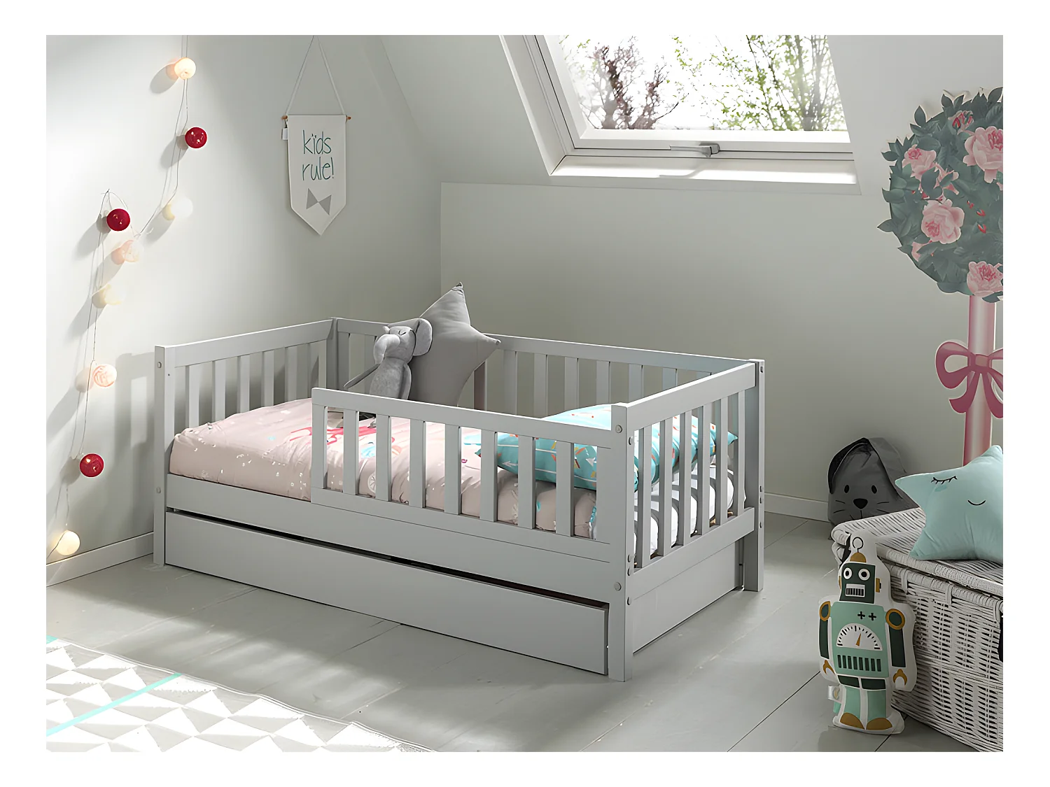 Cama Vipack Tod 70x140 incluindo estrado e gaveta - Cinzento