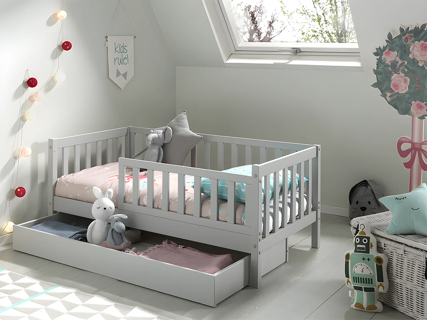 Cama Vipack Tod 70x140 incluindo estrado e gaveta - Cinzento