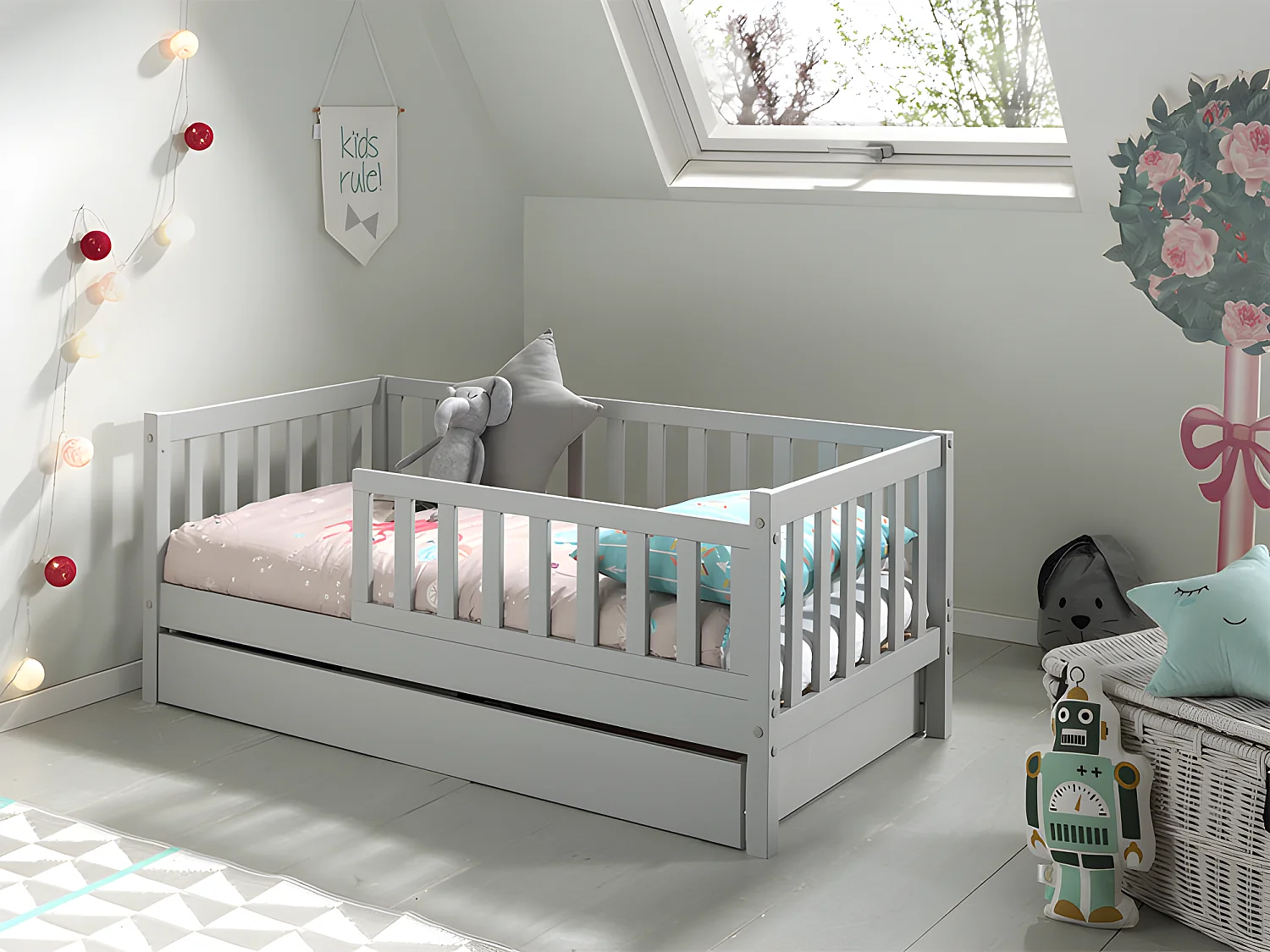 Cama Vipack Tod 70x140 incluindo estrado e gaveta - Cinzento