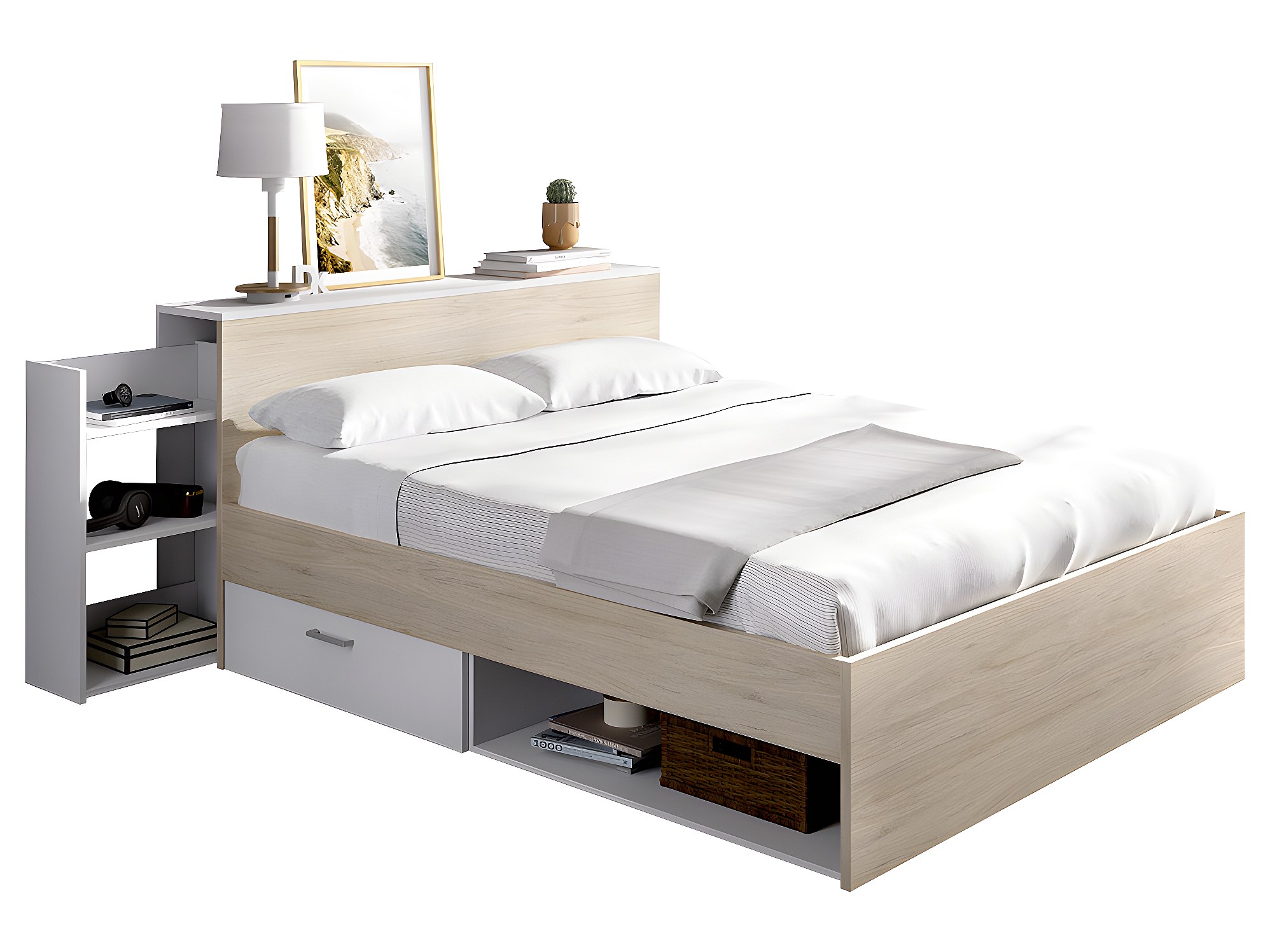 Bed met opbergvakken en lades 140 x 190 cm Houtlook en wit