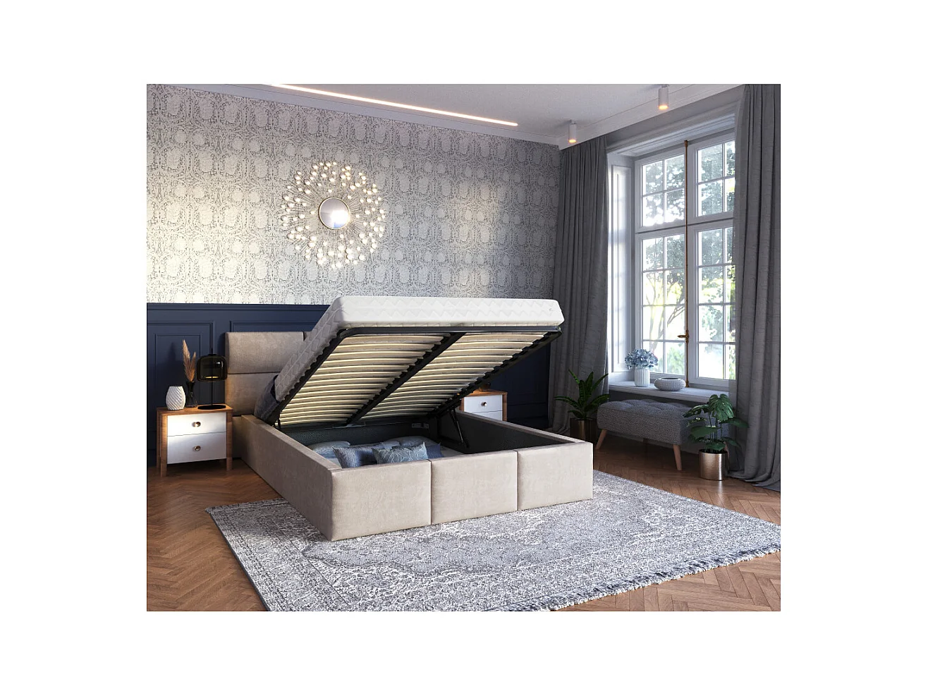 Lit Coffre Denver 140x190 - Sommier inclus Crème