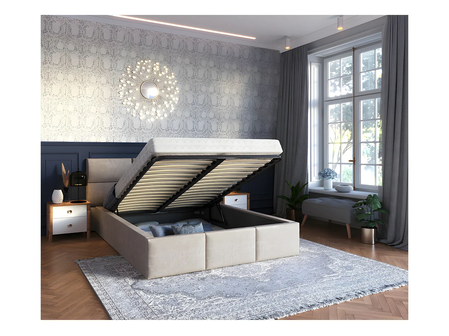 Lit Coffre Denver 140x190 - Sommier inclus Crème