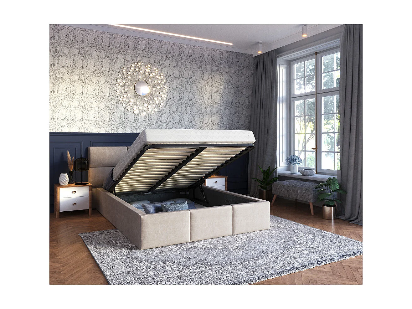 Lit Coffre Denver 140x190 - Sommier inclus Crème