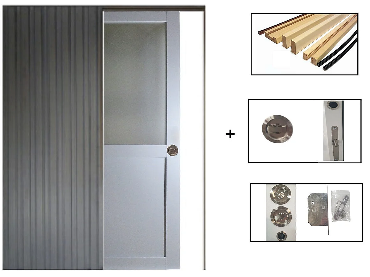Puerta corredera Athena gris claro con panel de vidrio H204 x L83 cm, empotrada, kit de acabado Gd Menuiseries sin manilla